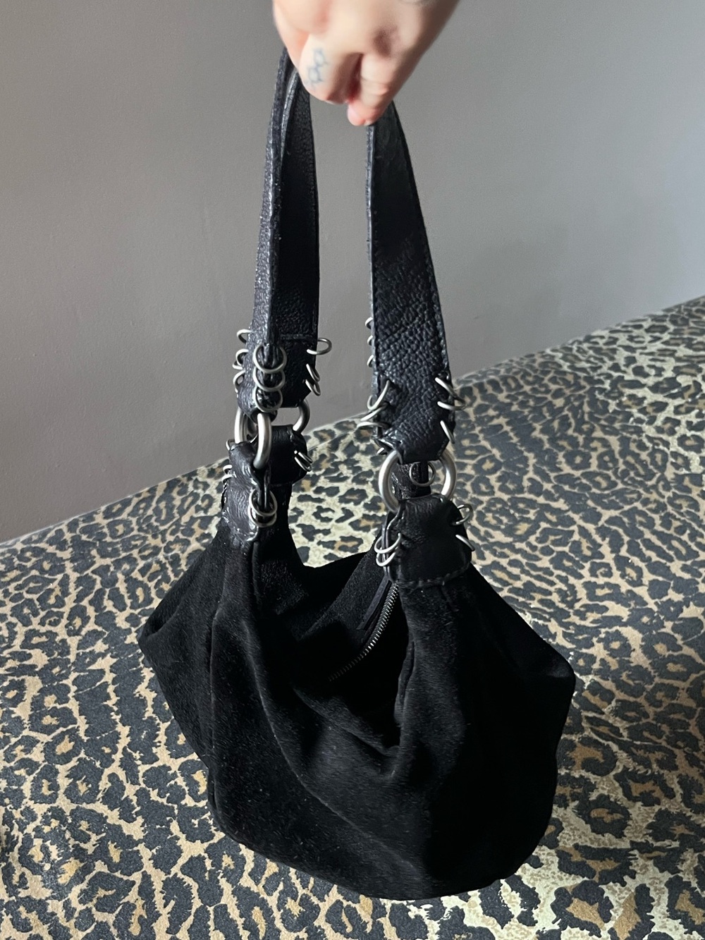 Free People Black Suede Shoulder Bag with Silver Piercing details